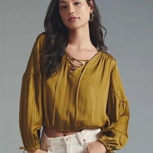 Anthropologie Satin Lace-up Puff Sleeve Blouse Chartreuse Size Large